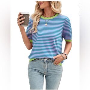 Striped Crewneck Top in Pink and Teal by